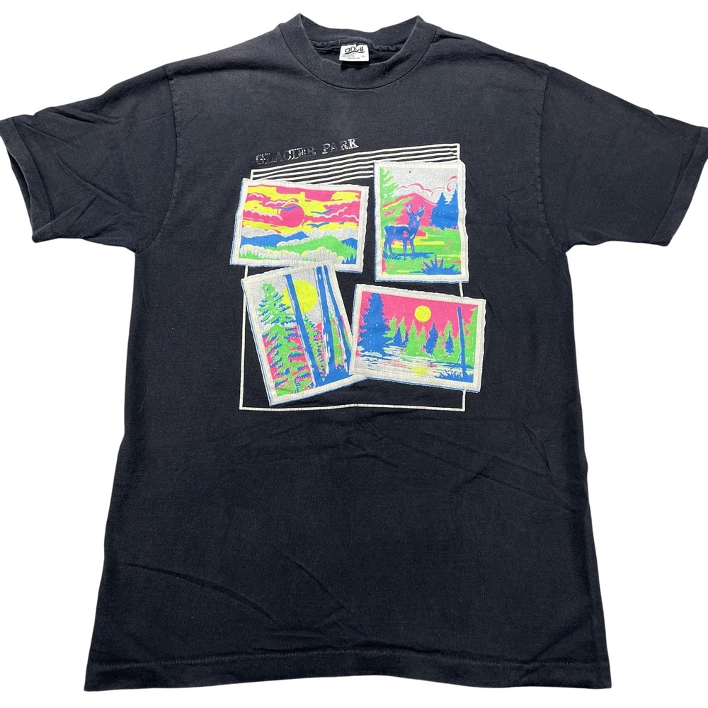 Vintage Anvil Glacier Park Shirt Mens Large Black Neon Nature Graphic Tee 90s